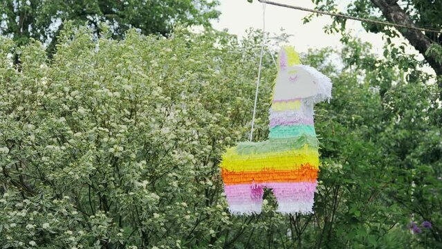 Beautiful children's pinata in the form of a llama and a horse on a background of green leaves in the backyard of the house.The pinata is swaying in the wind in anticipation of the holiday. 4k footage