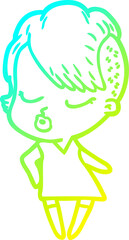 cold gradient line drawing of a cartoon pretty hipster girl