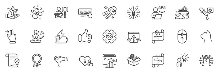Icons pack as Swipe up, Success and Touchscreen gesture line icons for app include Hair dryer, Keys, Yoga outline thin icon web set. Approved agreement, Organic product, Group people pictogram. Vector