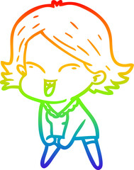 rainbow gradient line drawing of a happy cartoon girl