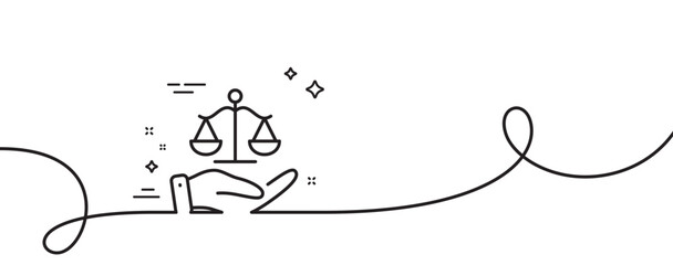 Justice scales line icon. Continuous one line with curl. Judgement scale sign. Legal law symbol. Justice scales single outline ribbon. Loop curve pattern. Vector