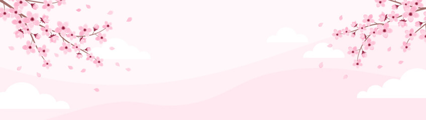 Pink cherry blossom frame on a pastel pink background with copy space. Banner with sakura branches and clouds. Vector illustration in flat style © Alrika 