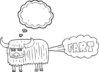freehand drawn thought bubble cartoon hairy cow farting