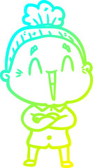 cold gradient line drawing of a cartoon happy old lady