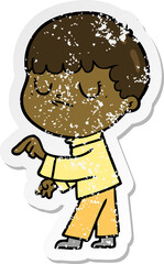 distressed sticker of a cartoon grumpy boy