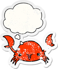 cartoon crab with thought bubble as a distressed worn sticker
