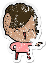 distressed sticker of a cartoon happy hipster girl