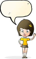cartoon pretty girl waving with speech bubble