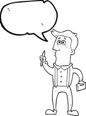 freehand drawn speech bubble cartoon man with notebook