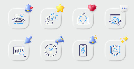 Yen money, Search calendar and Attention line icons. Buttons with 3d bell, chat speech, cursor. Pack of Laptop, Shift, Honeymoon travel icon. Fingerprint, Internet pictogram. Vector