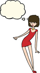 cartoon woman in dress leaning with thought bubble