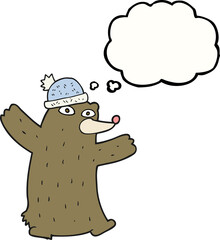 freehand drawn thought bubble cartoon bear wearing hat