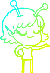 cold gradient line drawing of a smiling alien girl cartoon