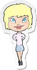 retro distressed sticker of a cartoon happy woman
