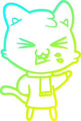 cold gradient line drawing of a cartoon cat hissing