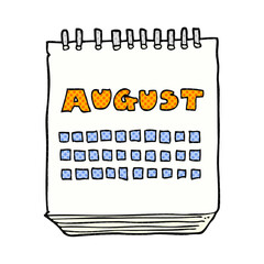 freehand drawn cartoon calendar showing month of august