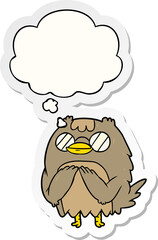 cartoon wise old owl with thought bubble as a printed sticker