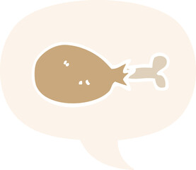cartoon cooked chicken leg with speech bubble in retro style