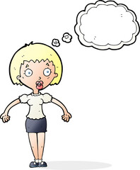 cartoon confused woman shrugging shoulders with thought bubble