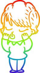 rainbow gradient line drawing of a cartoon woman with eyes shut