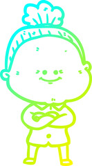 cold gradient line drawing of a cartoon happy old woman
