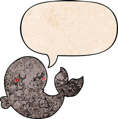 cute cartoon whale with speech bubble in retro texture style