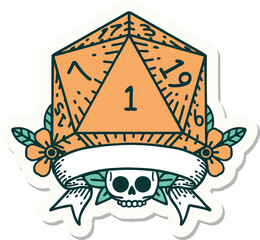 sticker of a natural one d20 dice roll