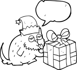 freehand drawn speech bubble cartoon cat with present