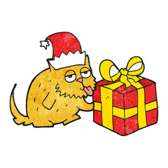 freehand textured cartoon cat with present