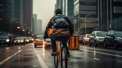 Amidst the hustle and bustle of a busy sidewalk, a dedicated courier weaves through the crowd, carrying a towering stack of packages with precision and efficiency. Generated by AI.