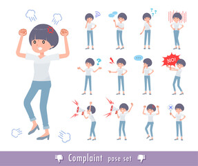 不満を表現しているTシャツマッシュヘア女性のセット