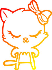 warm gradient line drawing of a cute cartoon cat with bow
