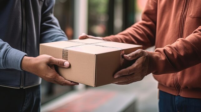 At the customer's doorstep, a courier delivers a package, and the recipient, filled with anticipation, signs their name to confirm the successful delivery. Generated by AI.