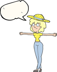 freehand drawn speech bubble cartoon woman spreading arms