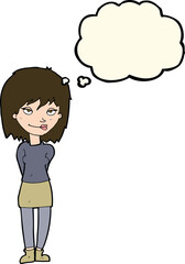 cartoon happy woman with thought bubble