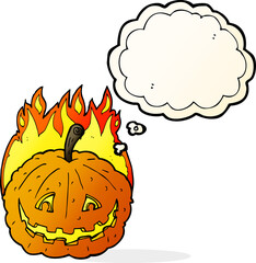 cartoon grinning pumpkin with thought bubble