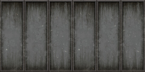 Seamless grungy scratched old steel wall panels background texture. Tileable industrial rusted metal bulkhead floor plates pattern. 8K high resolution grey rough metallic iron moulding 3D rendering.
