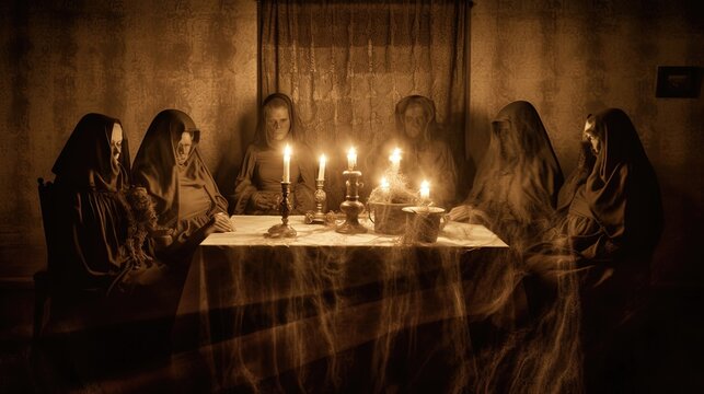 In a dimly lit room, a group of individuals sits in a circle, their hands joined and their eyes closed. Soft whispers fill the air as they perform an eerie s&eacute;ance. Generated by AI.
