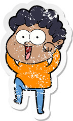 distressed sticker of a cartoon happy man