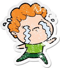 distressed sticker of a cartoon man crying