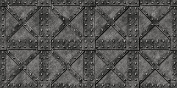 Seamless reinforced rusty metal bulkhead background texture. Tileable industrial steel cargo crate repeat pattern. 8K high resolution silver grey rough iron strong box security concept 3D rendering.