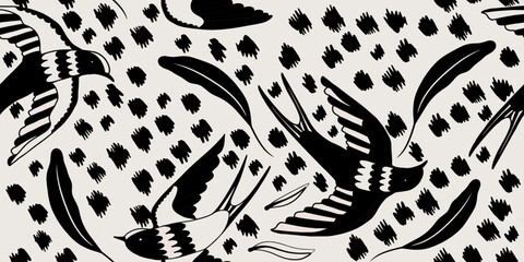 Vector seamless background with flying birds swallows black and white.
