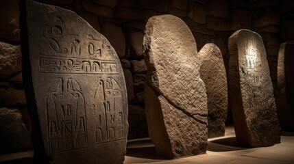 Carved with precision and mystery, the enigmatic symbols on ancient stone tablets serve as a testament to the enigmatic cultures that crafted them. Generated by AI.