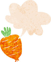 cartoon root vegetable with speech bubble in grunge distressed retro textured style