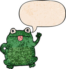 cartoon frog with speech bubble in retro texture style