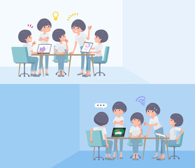 脳内会議をするTシャツマッシュヘア女性のセット