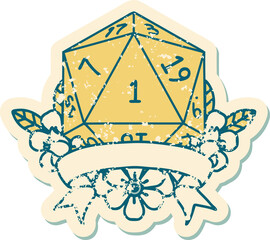 Retro Tattoo Style natural one d20 dice roll