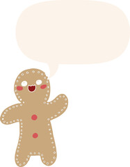 cartoon gingerbread man with speech bubble in retro style