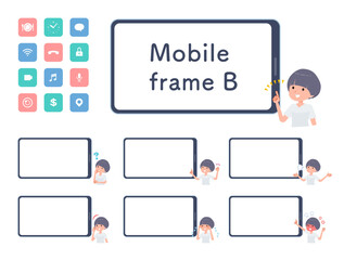 スマートフォンの画面とTシャツマッシュヘア女性のセット