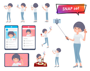 スマホで撮影するTシャツマッシュヘア女性のセット